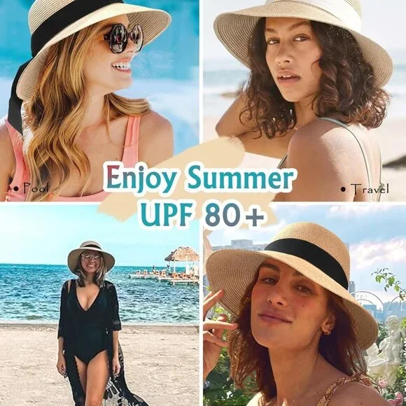 Womens Beach Sun Straw Hat UV UPF 80+ Travel Foldable Brim Summer UV Hat
